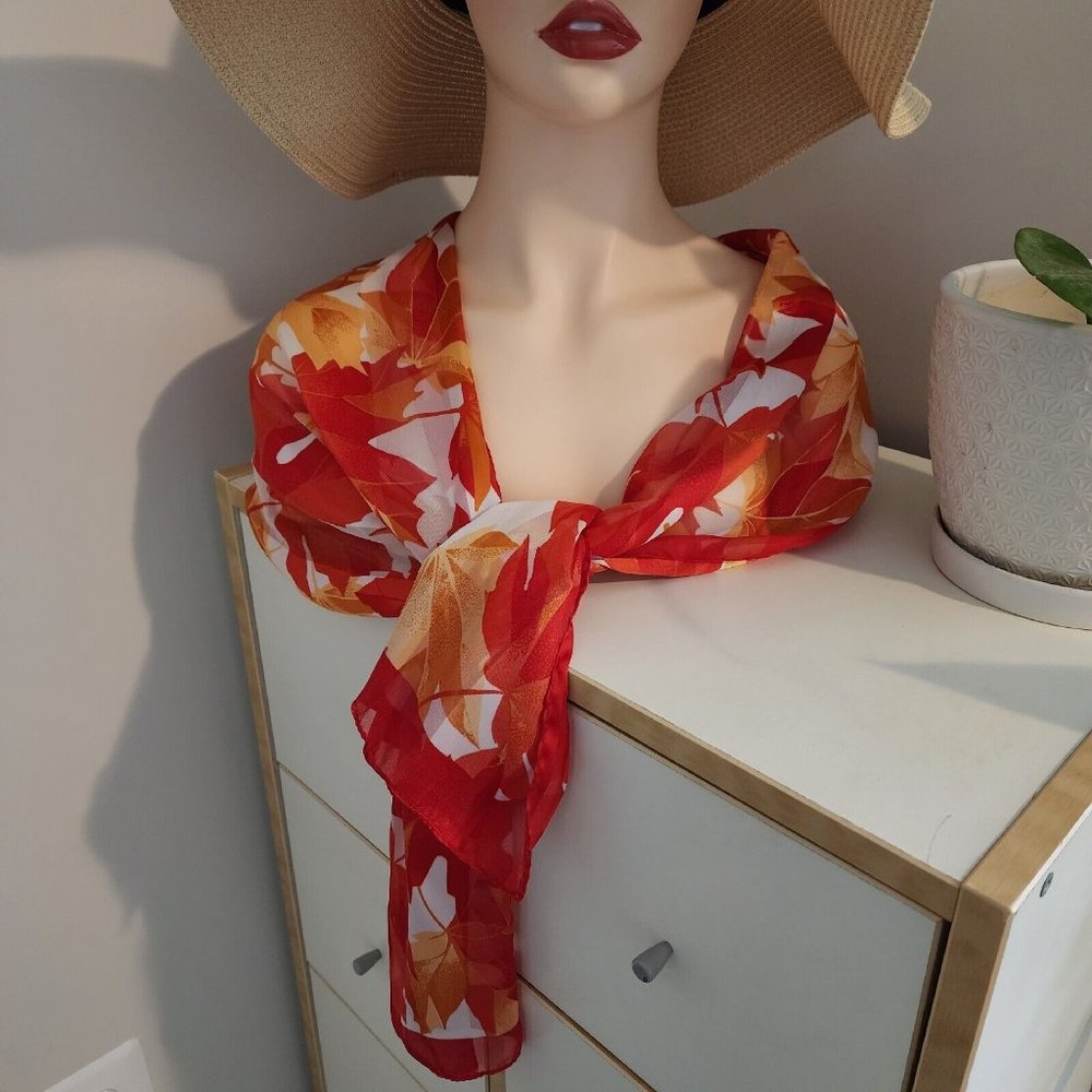 Long Rectangular Scarf Leaves Red Gold Orange 60”x15” Magenta Designs of Canada